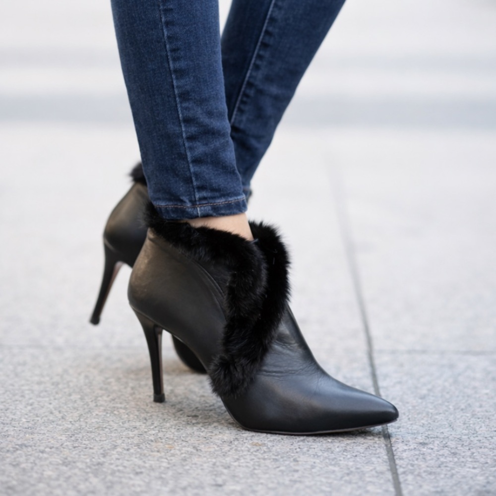 Donald J. Pliner Mink Trimmed Leather Stiletto Booties